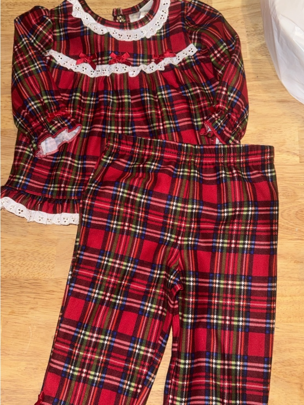Kids Red Plaid Pajama Set with Lace Trim